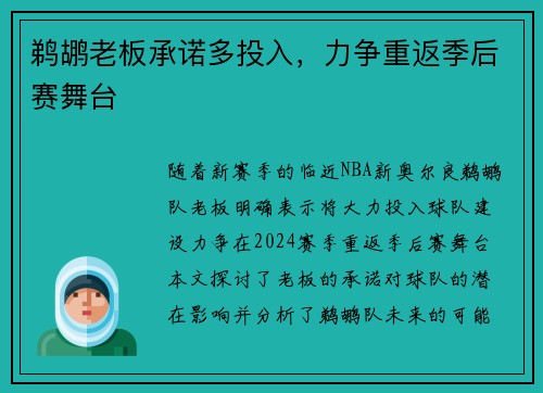 鹈鹕老板承诺多投入，力争重返季后赛舞台