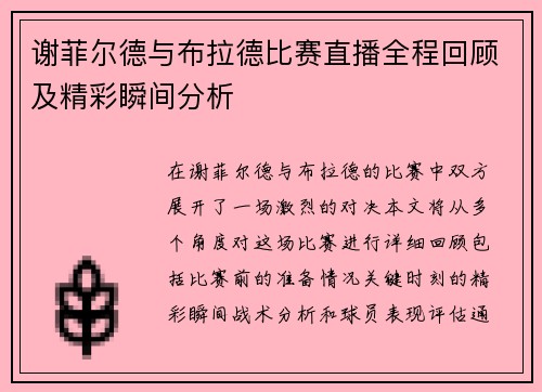 谢菲尔德与布拉德比赛直播全程回顾及精彩瞬间分析