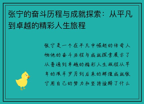 张宁的奋斗历程与成就探索：从平凡到卓越的精彩人生旅程
