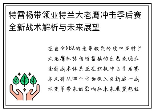 特雷杨带领亚特兰大老鹰冲击季后赛全新战术解析与未来展望