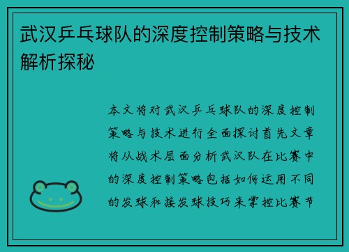 武汉乒乓球队的深度控制策略与技术解析探秘